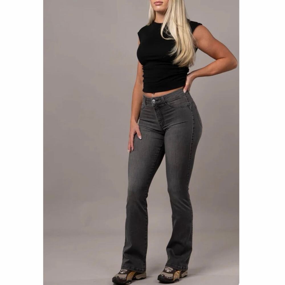 FITJEANS Flared Mid Grey Jeans Women’s Small High Rise Stretch Flare Denim